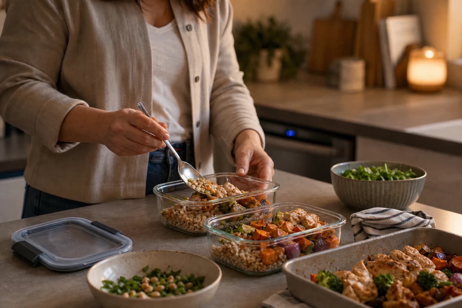 A person packs leftover dinner portions into lunch containers.